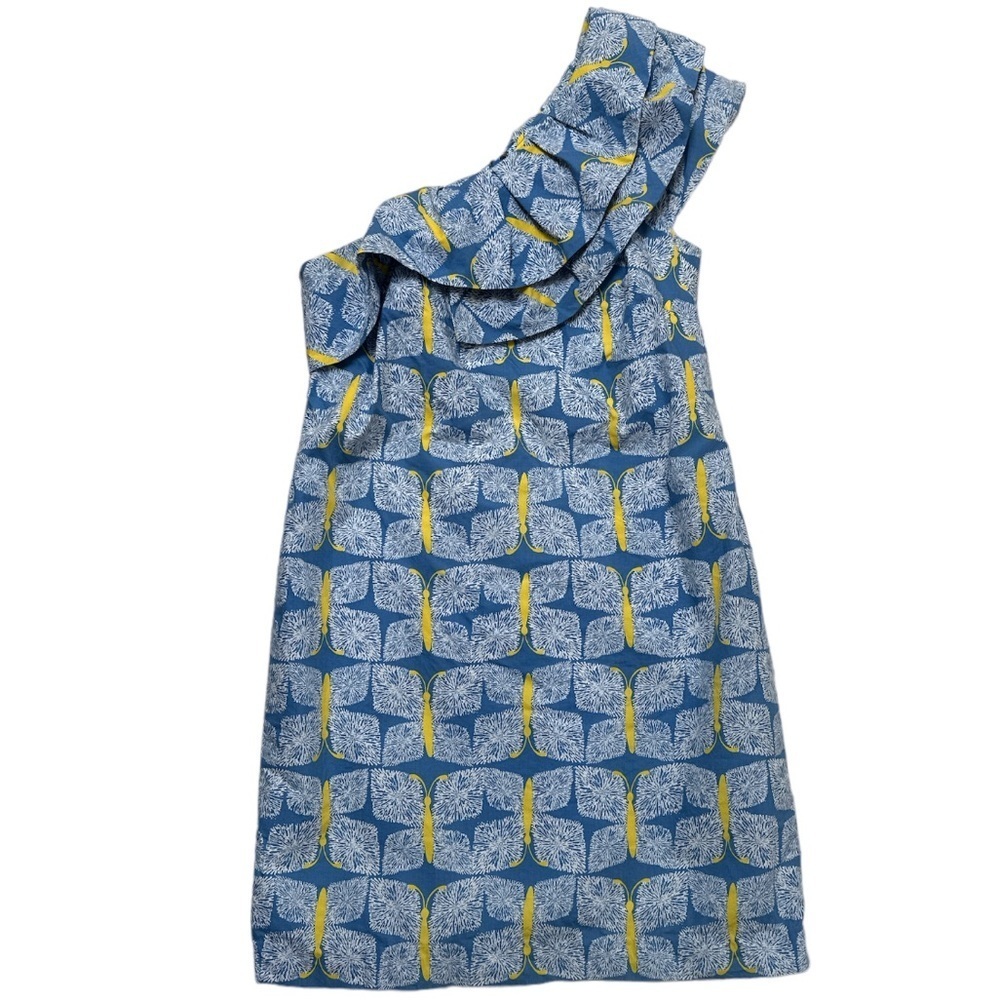 Lilly Pulitzer Blue, White & Yellow One-Shoulder Ruffle Dress